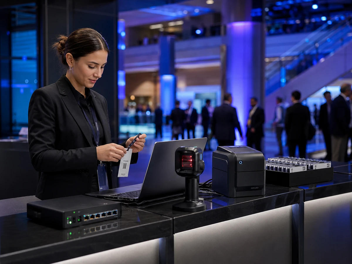 Conference check-in equipment and staff